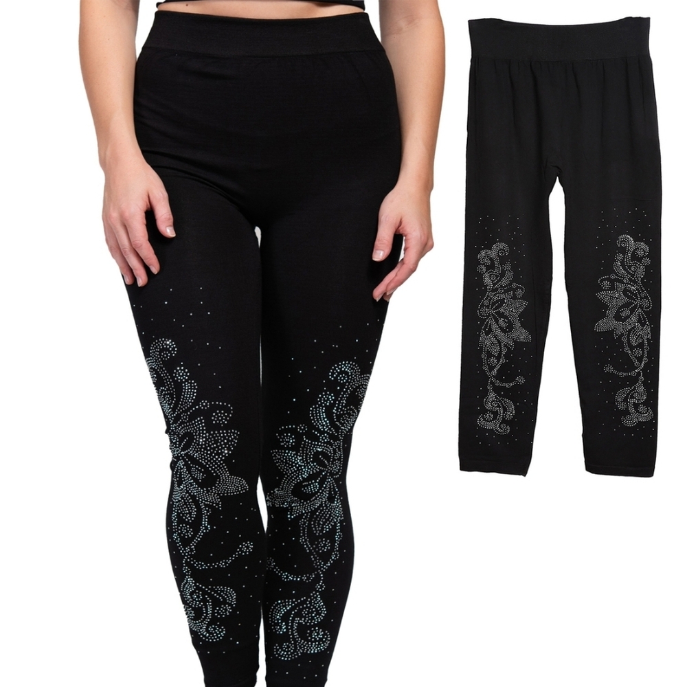 NWT Black Rhinestone Leggings High Rise Stretch Sparkle Bling One Size
